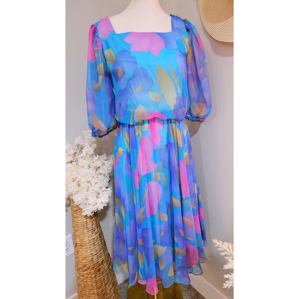 Kappi Vintage 70's Blue Pink Floral Floating Sheer Layer Midi Dress